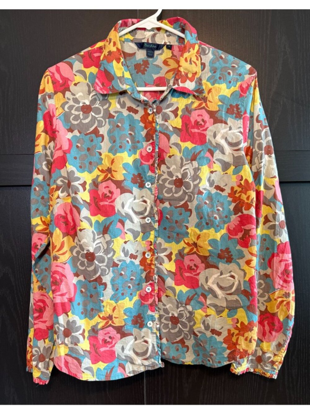 Boden Cotton Floral Button Up Collared Colorful Blouse Long Sleeve Size 16